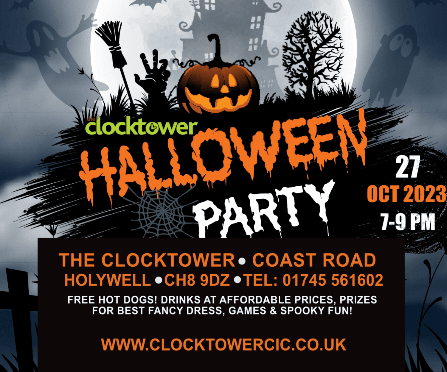 Clocktower Halloween Party 2023 Friday 27th October 2023 doors open 7pm