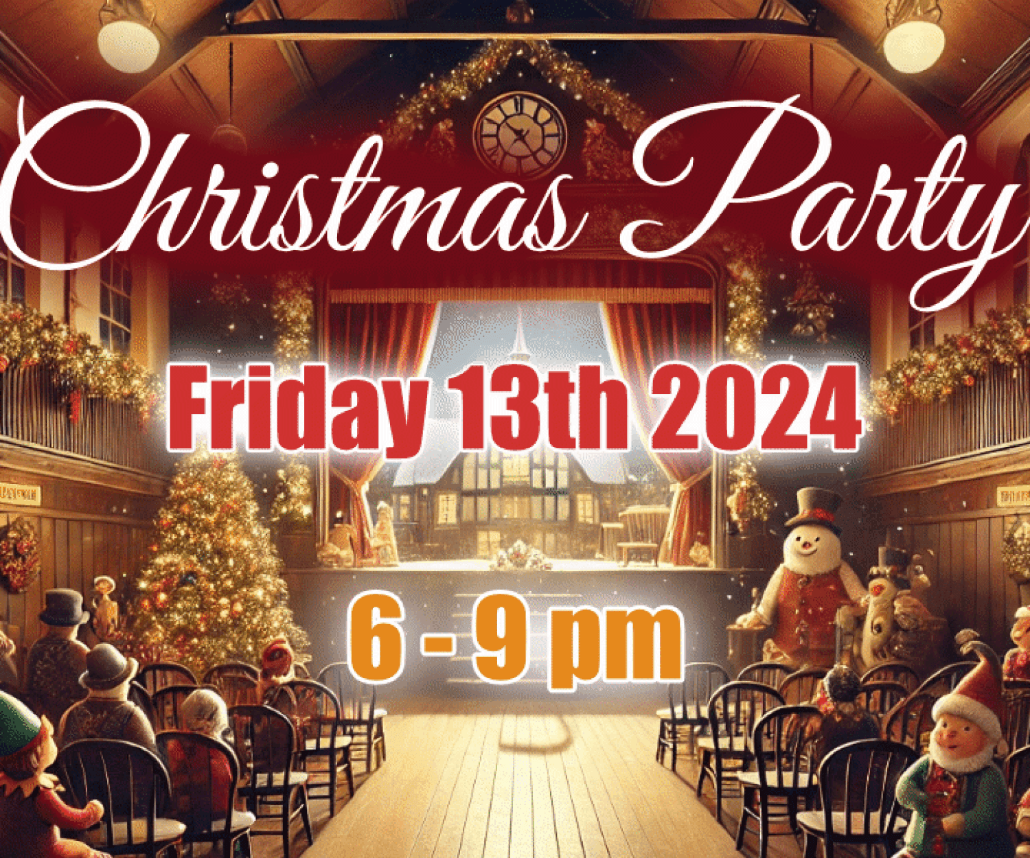 Festive Christmas-themed interior of an Edwardian-era village hall at nighttime, warmly lit with twinkling lights, garlands, and holiday decorations. The scene includes a polished sprung-loaded dance floor, a stage with curtains, and cheerful characters like elves, a reindeer, and a snowman, creating a cozy holiday atmosphere. A prominent dark area is included for overlaying event information.