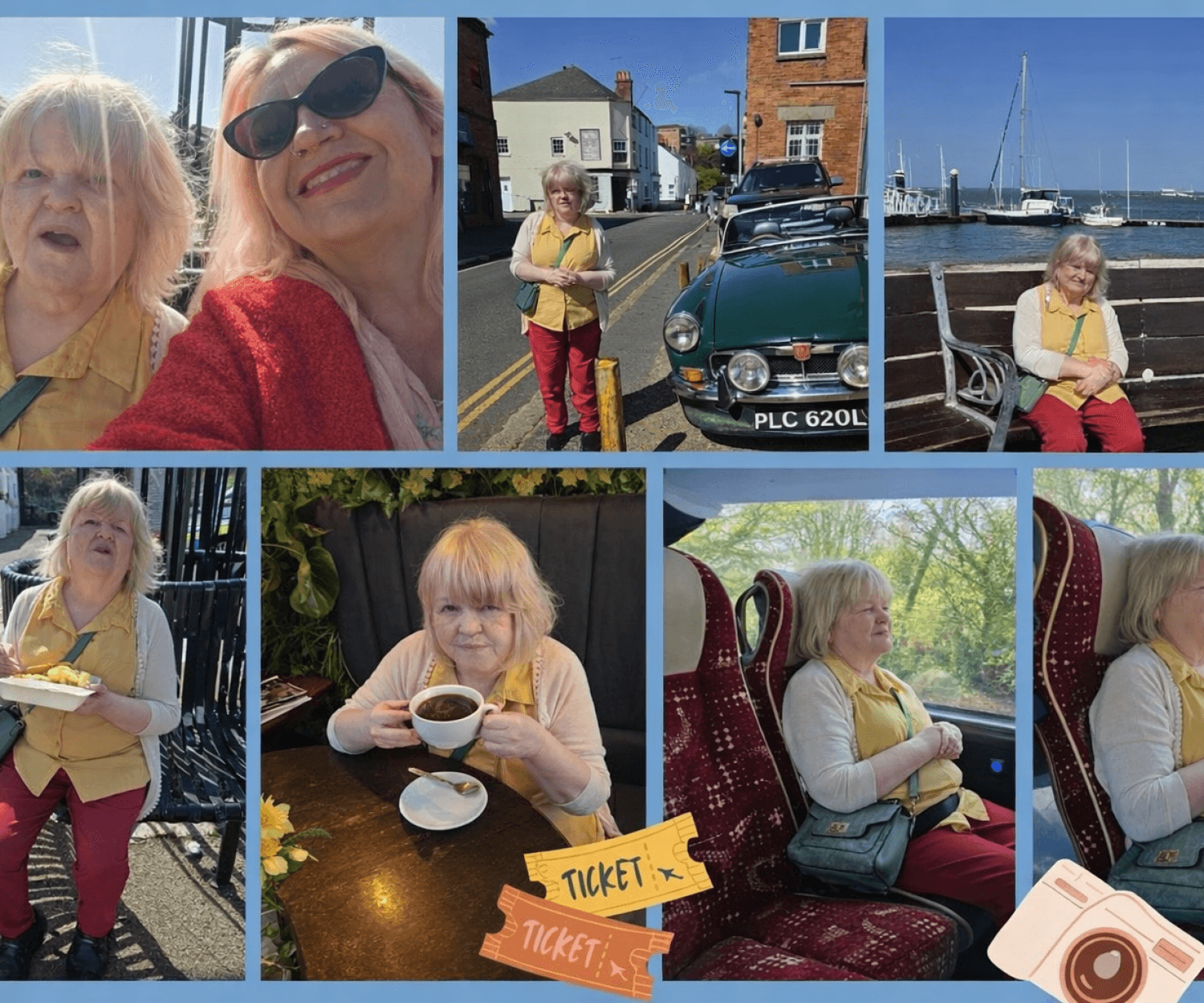 A collage showing a supported individual enjoying a coach holiday, including sightseeing, café visits, coastal views, and relaxing moments, accompanied by a support worker.