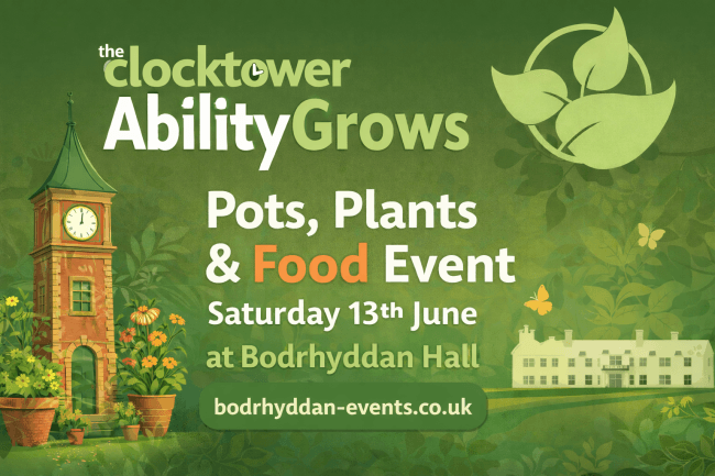 Green Ability Grows event graphic showing a clock tower, plants and Bodrhyddan Hall, promoting the Pots, Plants and Food event on Saturday 13 June