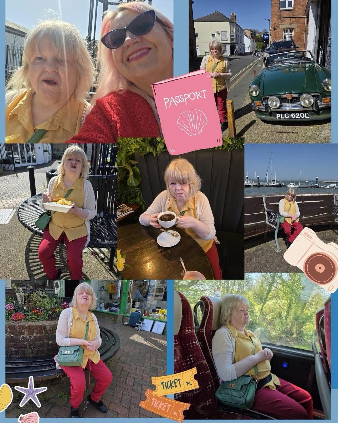 A collage showing a supported individual enjoying a coach holiday, including sightseeing, café visits, coastal views, and relaxing moments, accompanied by a support worker.